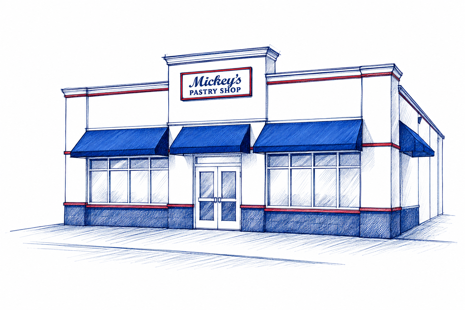 Pen sketch of the Mickey's Pastry Shop storefront with blue awnings