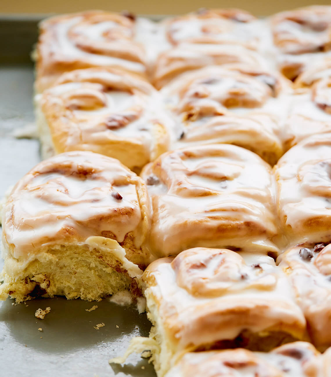 A tray of Mickey's glazed cinnamon buns fresh from the oven